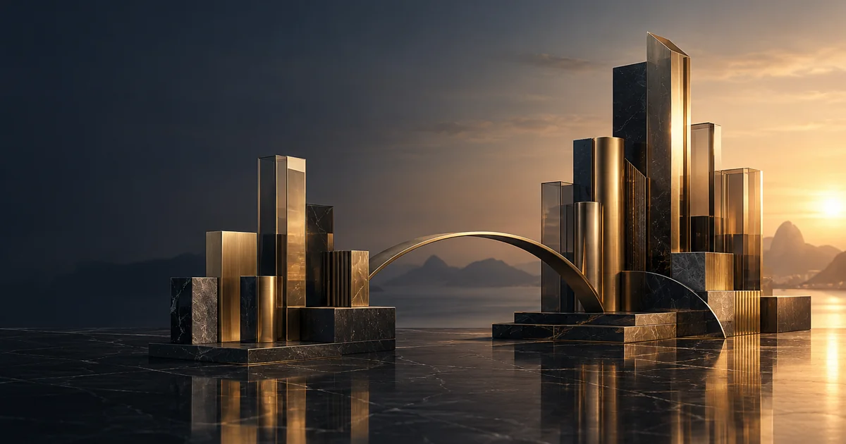 Arquitetura abstrata em vidro e metal unida por um arco; imagem conceitual sobre negócios e conexões financeiras.
